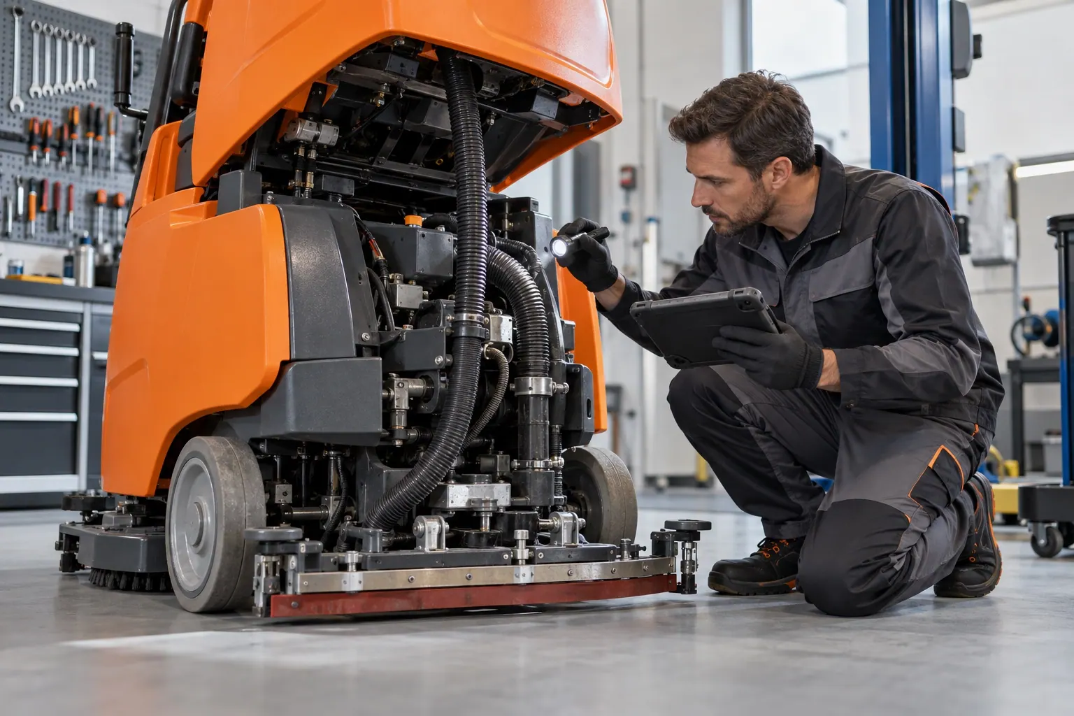 Technik wykonujący dokładny przegląd maszyny czyszczącej